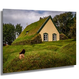 Chiesa di Hofskirkja Turf, Islanda, fotografia artistica, decorazione murale, arte murale, carta/tela/metallo/acrilico