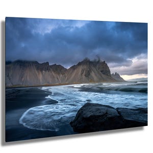 Vestrahorn, Stokksnes, Islanda, montagna, laguna, fotografia artistica, decorazione murale, arte murale, carta/tela/metallo/acrilico