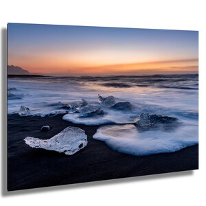 Diamond Beach, spiaggia di lava nera, alba, Islanda, fotografia artistica, decorazione murale, arte murale, carta/tela/metallo/acrilico