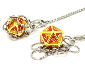 PHOENIX d20 Jail Pendant - Removable Metal d20 in Stainless Steel Chainmail Necklace - Adjustable 20 to 24 Inch Chain