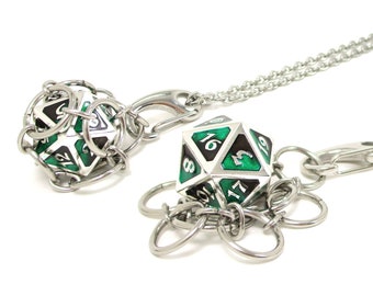 BLIGHT d20 Jail Pendant - Removable Metal d20 in Stainless Steel Chainmail Necklace - Adjustable 20 to 24 Inch Chain