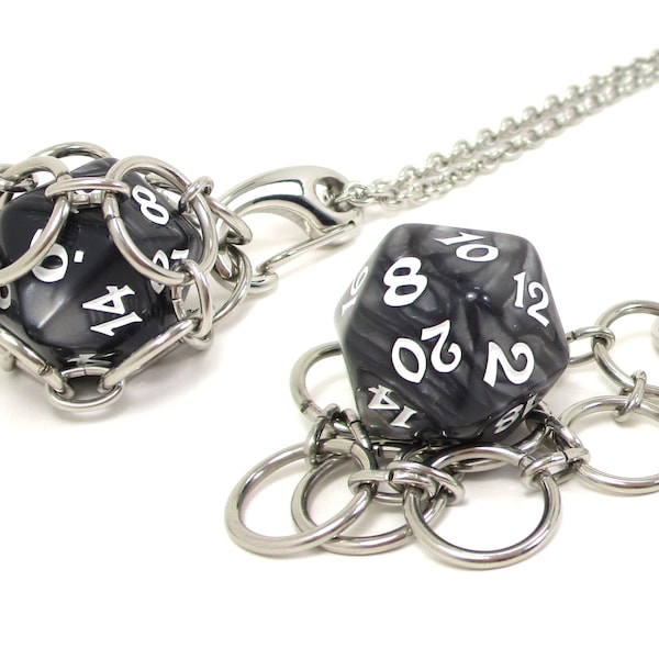 MYSTERY d20 Jail Pendant - Removable Metal d20 in Stainless Steel Chainmail Necklace - Adjustable 20 to 24 Inch Chain