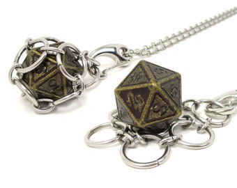 BLOODLINE d20 Jail Pendant - Removable Metal d20 in Stainless Steel Chainmail Necklace - Adjustable 20 to 24 Inch Chain