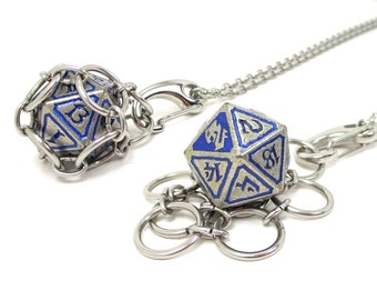 LEVIATHAN d20 Jail Pendant - Removable Metal d20 in Stainless Steel Chainmail Necklace - Adjustable 20 to 24 Inch Chain