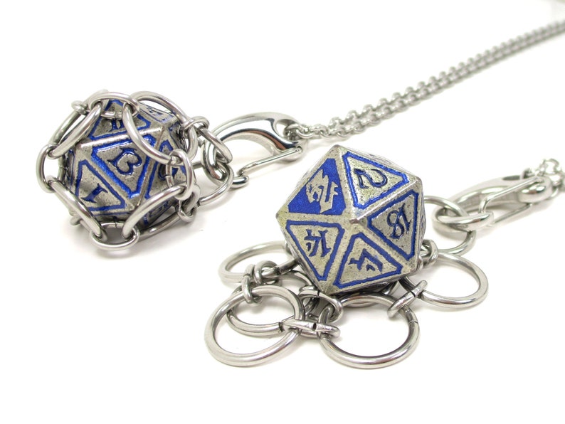 LEVIATHAN d20 Jail Pendant Removable Metal d20 in Stainless Steel Chainmail Necklace Adjustable 20 to 24 Inch Chain image 1