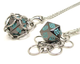 FORBIDDEN LAGOON d20 Jail Pendant - Removable Metal d20 in Stainless Steel Chainmail Necklace - Adjustable 20 to 24 Inch Chain