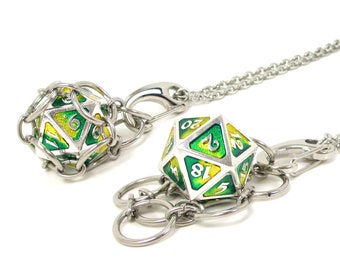 BASILISK d20 Jail Pendant - Removable Metal d20 in Stainless Steel Chainmail Necklace - Adjustable 20 to 24 Inch Chain