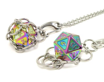 SCORCHED RAINBOW d20 Jail Pendant - Removable Metal d20 in Stainless Steel Chainmail Necklace - Adjustable 20 to 24 Inch Chain