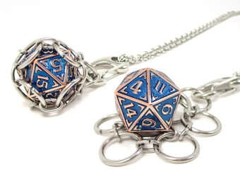 NAUTILUS d20 Jail Pendant - Removable Metal d20 in Stainless Steel Chainmail Necklace - Adjustable 20 to 24 Inch Chain