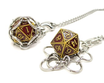 NOUVEAU d20 Jail Pendant - Removable Metal d20 in Stainless Steel Chainmail Necklace - Adjustable 20 to 24 Inch Chain