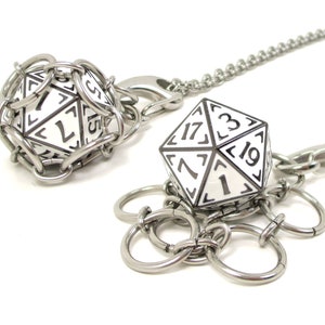 CLONE ALPHA d20 Jail Pendant Removable Metal d20 in Stainless Steel Chainmail Necklace Adjustable 20 to 24 Inch Chain image 1