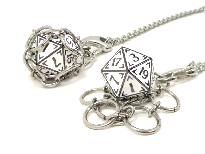 CLONE ALPHA d20 Jail Pendant Removable Metal d20 in Stainless Steel Chainmail Necklace Adjustable 20 to 24 Inch Chain image 1