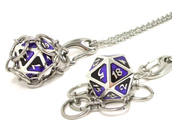 MALICE d20 Jail Pendant - Removable Metal d20 in Stainless Steel Chainmail Necklace - Adjustable 20 to 24 Inch Chain