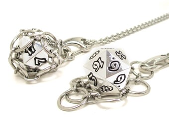 WITNESS d20 Jail Pendant - Removable Metal d20 in Stainless Steel Chainmail Necklace - Adjustable 20 to 24 Inch Chain