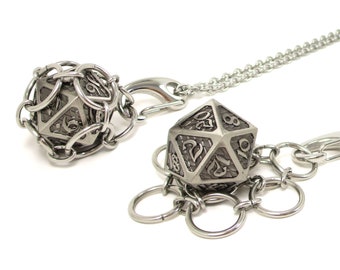 ELDRIC ARGENTUM d20 Jail Pendant - Removable Metal d20 in Stainless Steel Chainmail Necklace - Adjustable 20 to 24 Inch Chain