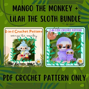 Könnte beinhalten: Ein Bundle aus zwei PDF-Häkelanleitungen mit Mango dem Affen und Lilah dem Faultier. Das Bild zeigt einen hellblauen Affen und ein lila Faultier, jeweils mit einer kleineren Version. Der Text enthält "2-in-1 Crochet Pattern" und "PDF Pattern ONLY."