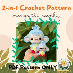 Pode incluir: Um padrão de crochê para um brinquedo de amigurumi de macaco 2 em 1 azul e amarelo. O padrão está disponível apenas como download em PDF. A imagem mostra o brinquedo de crochê terminado.
