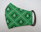READY TO SHIP Evergreen Trees on Green Stitch Pattern Contoured Cotton Face Mask w/ Filter Pocket