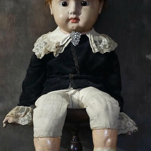 Antique Large Glass Eyed Victorian Straw Filled Doll, Mannequin Named Pumkin 38 In
