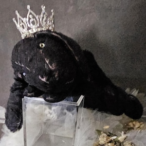 Puede incluir: Un peluche negro con forma de ballena, con una corona plateada. La ballena descansa sobre una vitrina cuadrada transparente. El fondo es gris apagado, con flores secas y tela blanca.