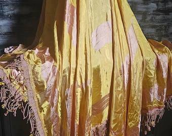 Antique Vintage Rare Satin Tassle Detailed Art Deco Bed Cover 118 in by 104 in