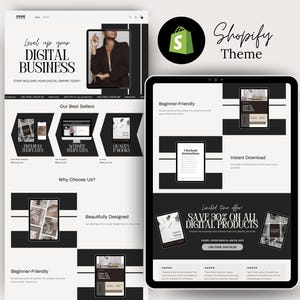 Könnte beinhalten: Ein Schwarzweiß-Website-Mockup auf einem Laptop-Bildschirm mit dem Text "Level up your Digital Business" und "Our Best Sellers". Die Website verfügt über ein Schwarzweiß-Farbschema und ein minimalistisches Design. Die Website ist für den Verkauf digitaler Produkte konzipiert.