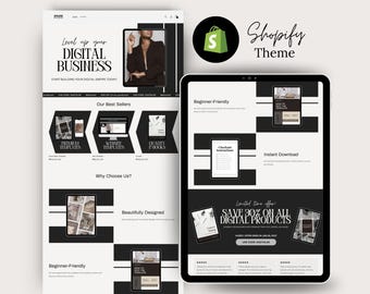 Puede incluir: Una maqueta de sitio web en blanco y negro en la pantalla de una computadora portátil con el texto "Level up your Digital Business" y "Our Best Sellers". El sitio web presenta un esquema de color blanco y negro y un diseño minimalista. El sitio web está diseñado para vender productos digitales.