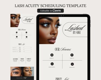 May include: A black and white template for scheduling lash appointments. The template features a woman with long eyelashes, the text "Lashed by Gigi", and a section for listing services and prices.