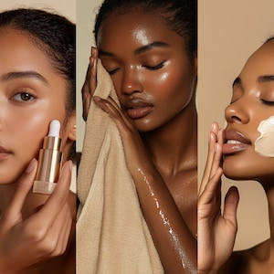 May include: Three close-up images of a person's face with different skincare products. The first image shows a person applying a serum to their cheek. The second image shows a person using a towel to dry their face. The third image shows a person applying a face mask to their cheek.