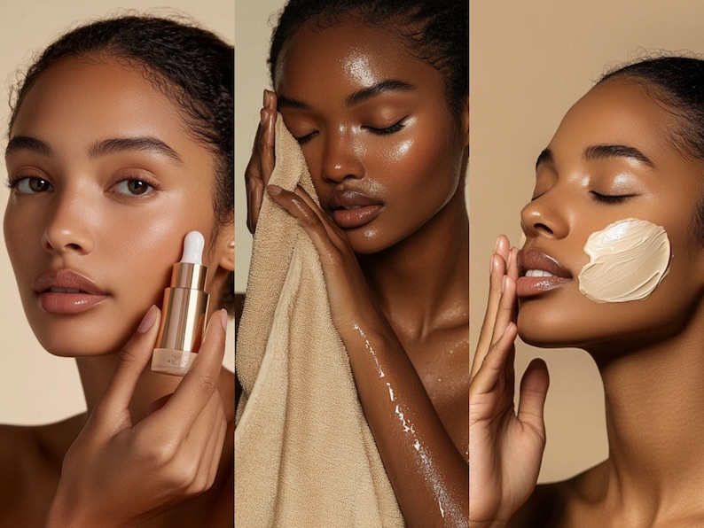 May include: Three close-up images of a person's face with different skincare products. The first image shows a person applying a serum to their cheek. The second image shows a person using a towel to dry their face. The third image shows a person applying a face mask to their cheek.