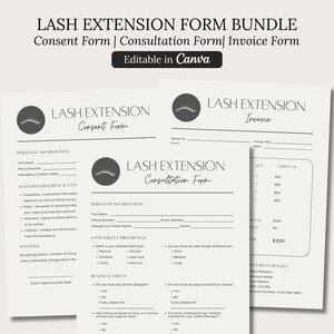 May include: A black and white printable bundle of three forms for lash extensions: a consent form, a consultation form, and an invoice form. The forms are editable in Canva.