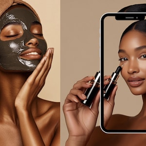 May include: A person with a black face mask applies a serum to their face while looking at a smartphone screen. The screen shows a person applying a serum to their face.