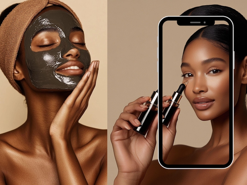 May include: A person with a black face mask applies a serum to their face while looking at a smartphone screen. The screen shows a person applying a serum to their face.