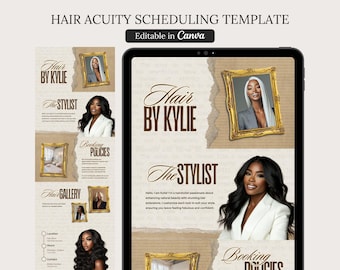 May include: A digital marketing template for a hair stylist. The template features a beige background with a torn paper effect. The text "Hair by Kylie" is displayed in a brown font. The template also includes a photo of a woman with long black hair, a photo of a woman with long blonde hair, and a photo of a woman with short black hair. The text "The Stylist" is displayed in a brown font. The template also includes a section for booking policies.