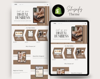 Puede incluir: Una captura de pantalla de un sitio web con un esquema de color marrón y blanco. El sitio web es para un tema de Shopify que ayuda a las personas a mejorar su negocio digital. El sitio web presenta una llamada a la acción para comenzar a construir un imperio digital hoy. El sitio web también presenta una sección sobre los mejores vendedores y una sección sobre por qué elegir este tema.