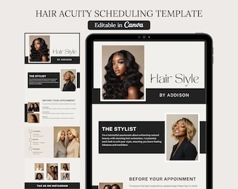 May include: A digital template for scheduling hair appointments. The template features a black and white design with a photo of a woman with long black hair. The text "Hair Style by Addison" is displayed at the top of the template. The template also includes sections for "The Stylist", "Before Your Appointment", and "Tag Us on Instagram".