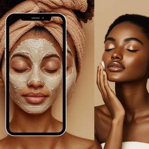 May include: A split image showing two women of color with different skin care routines. The woman on the left is wearing a clay face mask and has a towel wrapped around her head. The woman on the right is applying a white cream to her face.