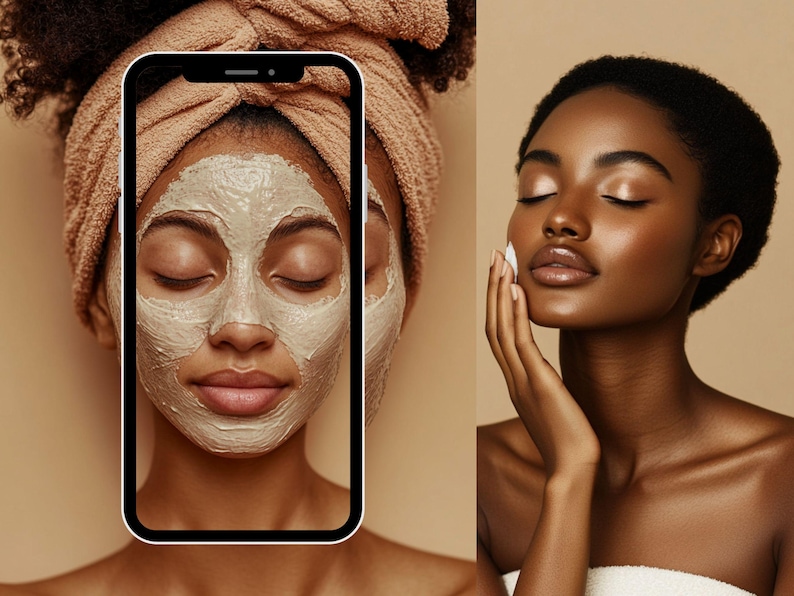 May include: A split image showing two women of color with different skin care routines. The woman on the left is wearing a clay face mask and has a towel wrapped around her head. The woman on the right is applying a white cream to her face.