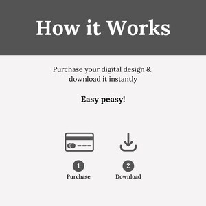 May include: A simple illustration showing how to purchase and download a digital design. The illustration shows a credit card icon with the number "1" and the word "Purchase" below it. The illustration also shows a download icon with the number "2" and the word "Download" below it. The text "Easy peasy!" is also included in the illustration.