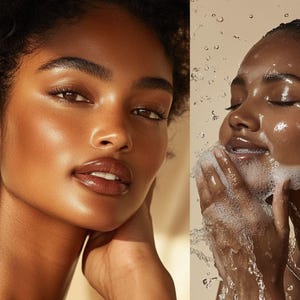 May include: Two close-up images of a person's face. The first image shows a person with dark brown skin and a natural makeup look. The second image shows a person with dark brown skin washing their face with a white foamy cleanser.