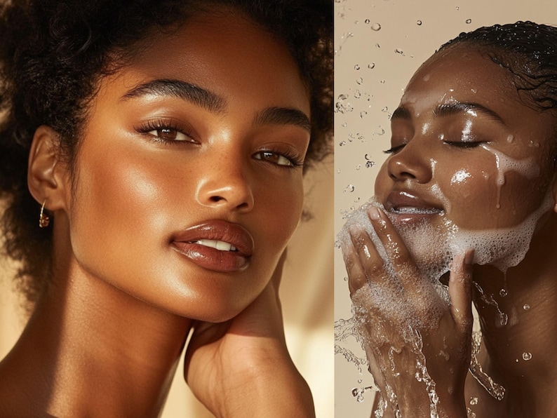 May include: Two close-up images of a person's face. The first image shows a person with dark brown skin and a natural makeup look. The second image shows a person with dark brown skin washing their face with a white foamy cleanser.