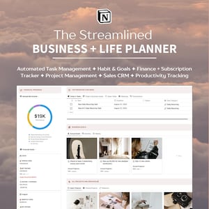 Puede incluir: Interfaz de planificador digital con el texto "The Streamlined BUSINESS + LIFE PLANNER." Incluye gestión de tareas, seguimiento de hábitos, finanzas y gestión de proyectos. Un gráfico muestra $19K de ingresos totales. El fondo es un cielo nublado.