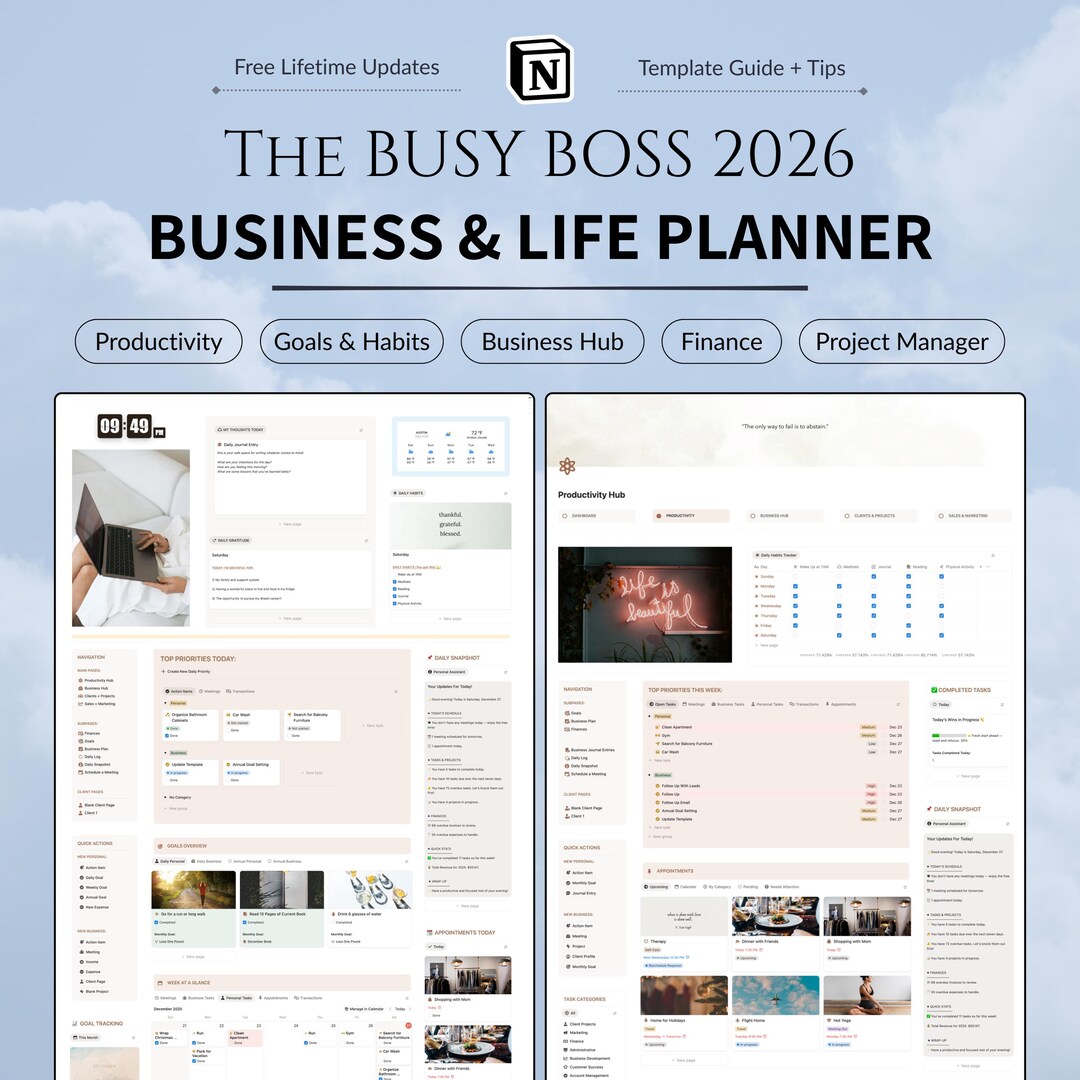 Notion 2026 Business + Life Planner Template | Task Manager | Finance ...