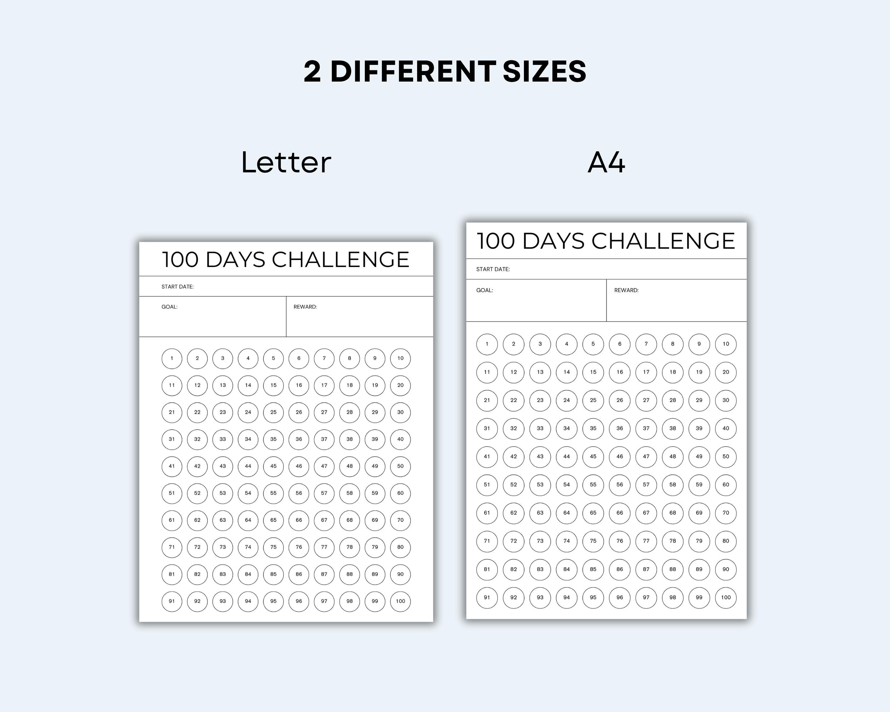 100 Day Challenge Tracker Printable: Goal & Habit Tracker (A4/US Letter ...
