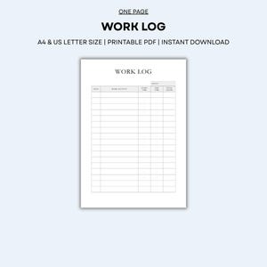 Printable Work Log | Daily Task Tracker | Employee Time Sheet | Work Hours Log | Productivity Planner | A4 & US Letter PDF Download