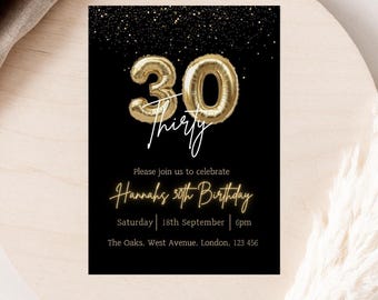 30th Birthday Invitation: Gold Balloons, Elegant Thirty (Digital)