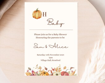 Plantilla de invitación para baby shower de otoño con diseño floral de calabaza (descarga digital)