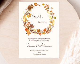 Plantilla de invitación para baby shower con flores de otoño, diseño de calabaza otoñal (descarga digital)