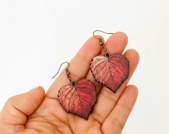 Handmade Red Leaf Earrings | Boho Wooden Autumn Jewelry