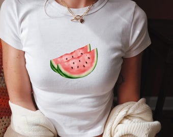Watermelon Crop Top, Fruit Crop Shirt, Watermelon Baby Tee, 2000s Cropped T-Shirt, Y2K Style, Clean Girl Aesthetic Crop Tshirt Gift For Her